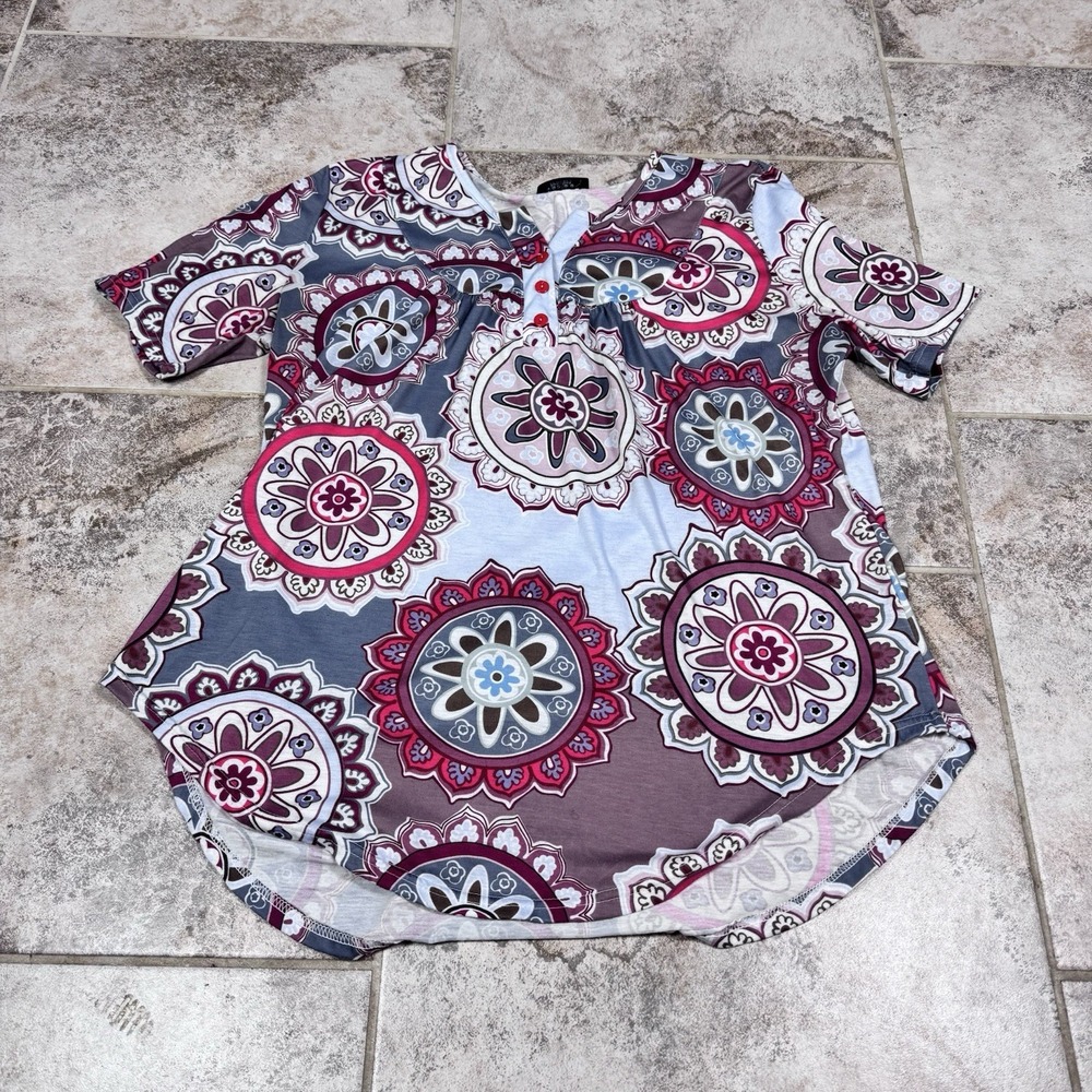 Basico‎ Blouse Top Women's XL Shirt Paisley Short Sleeve Henley